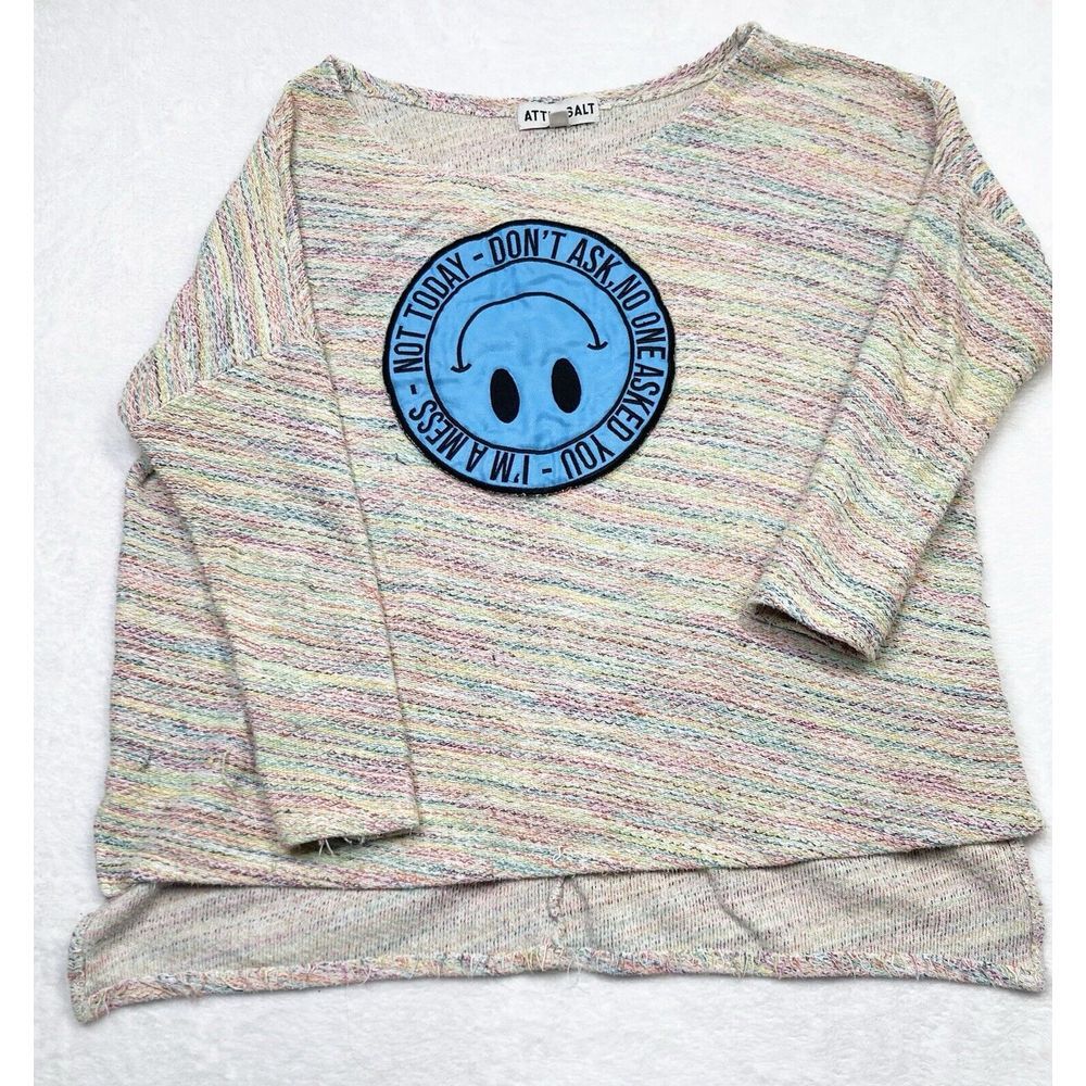 Attic Salt Top Womens Medium Pastel‎ Blue Patch Happy Face Oversized Stripe Knit